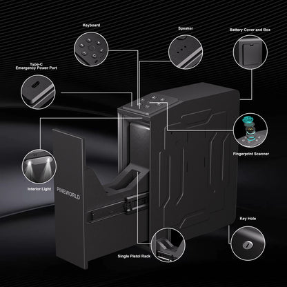 Biometric Slider Bedside Handgun Safe  for Nightstand-with 3 Quick Access Fingerprint, PIN Code, KEY